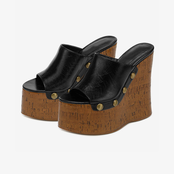 Black Leather Peep Toe Cork Platform