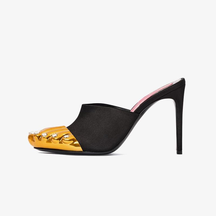 Satin Mules 100mm with Golden Details - Arno Conti Shoe